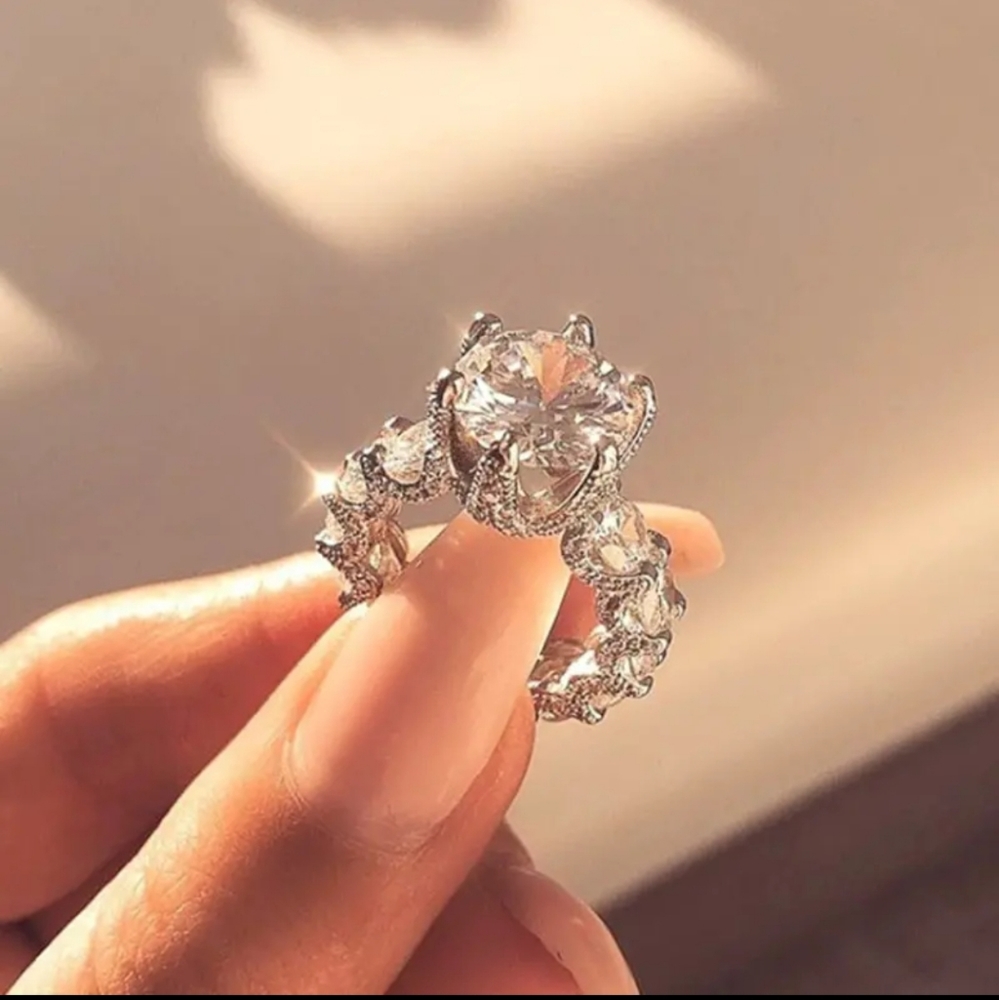 💎 HUGE 5 ct Round Halo Diamond Ring Silver size 7 New